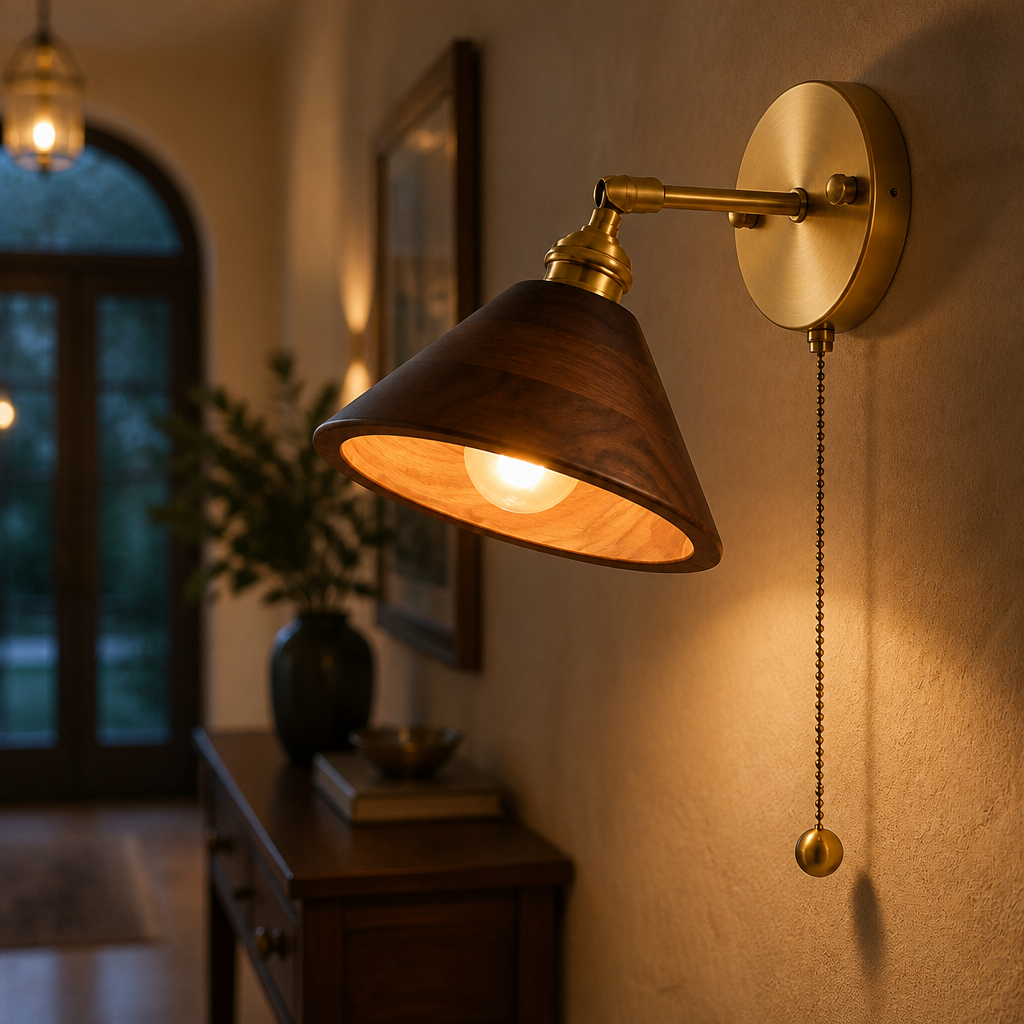 The Bramwell Walnut Brass Pull Cord Wall Sconce