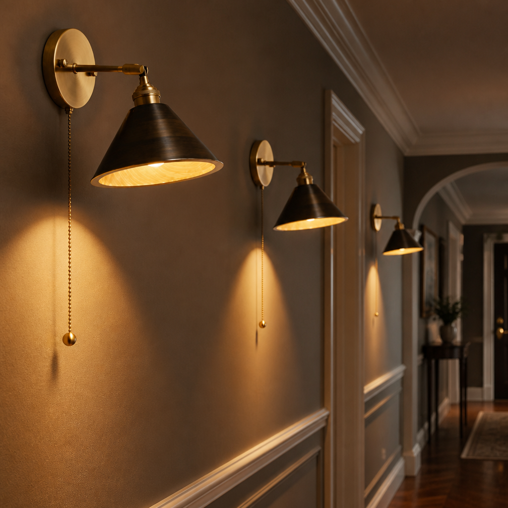The Bramwell Walnut Brass Pull Cord Wall Sconce