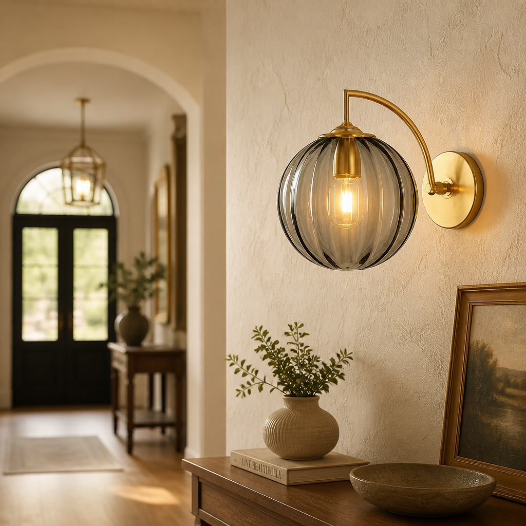 The Mirage Smoked Glass Globe Gold Wall Sconce