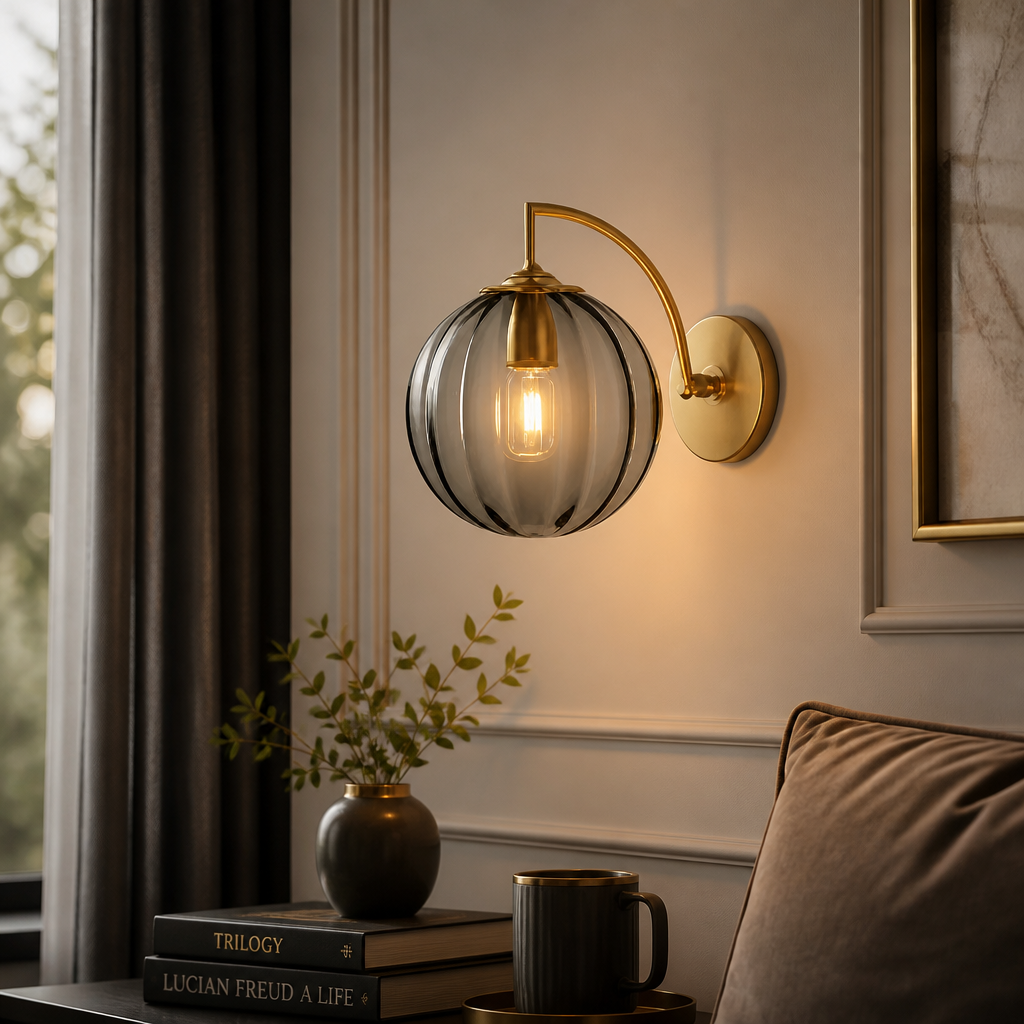 The Mirage Smoked Glass Globe Gold Wall Sconce