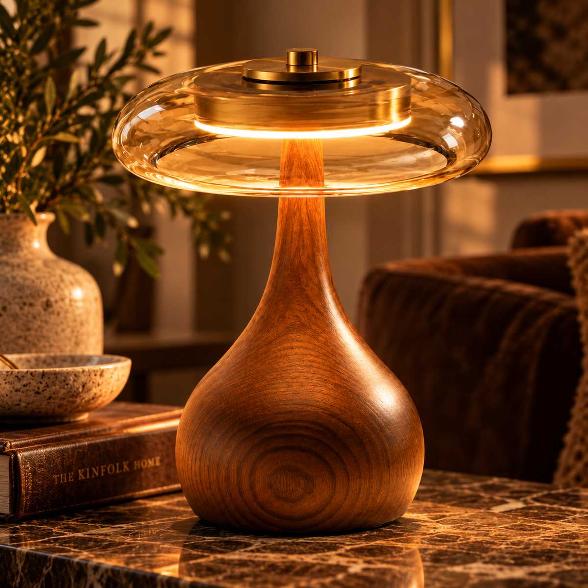 The Tamsin Walnut Amber Glass Mushroom Table Lamp