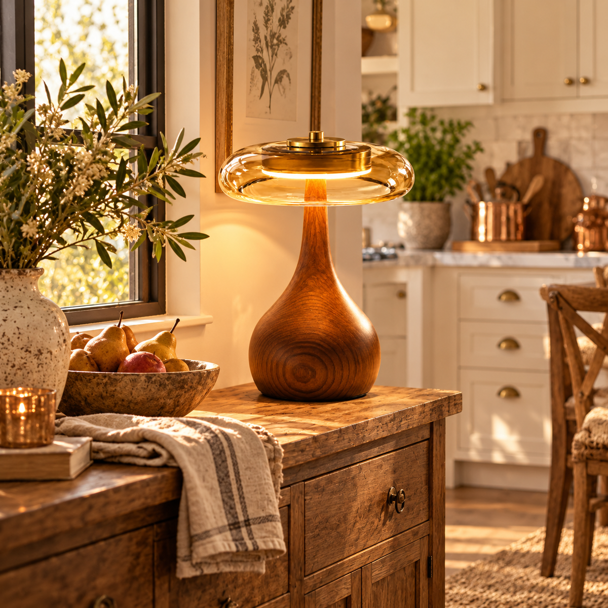 The Tamsin Walnut Amber Glass Mushroom Table Lamp
