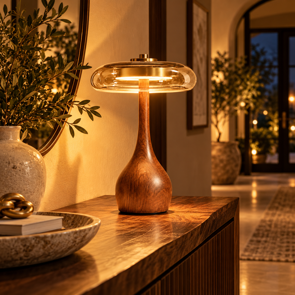 The Tamsin Walnut Amber Glass Mushroom Table Lamp