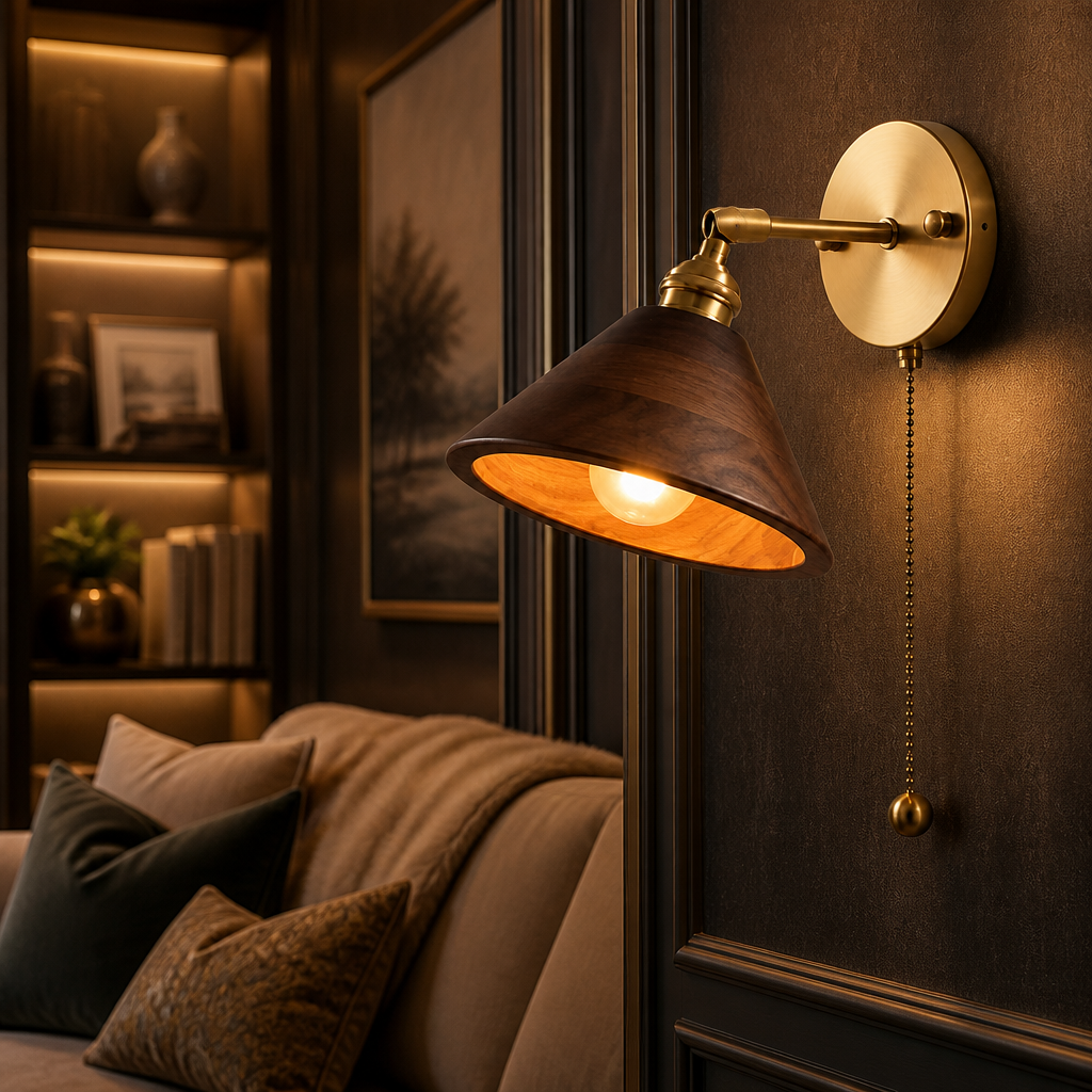 The Bramwell Walnut Brass Pull Cord Wall Sconce