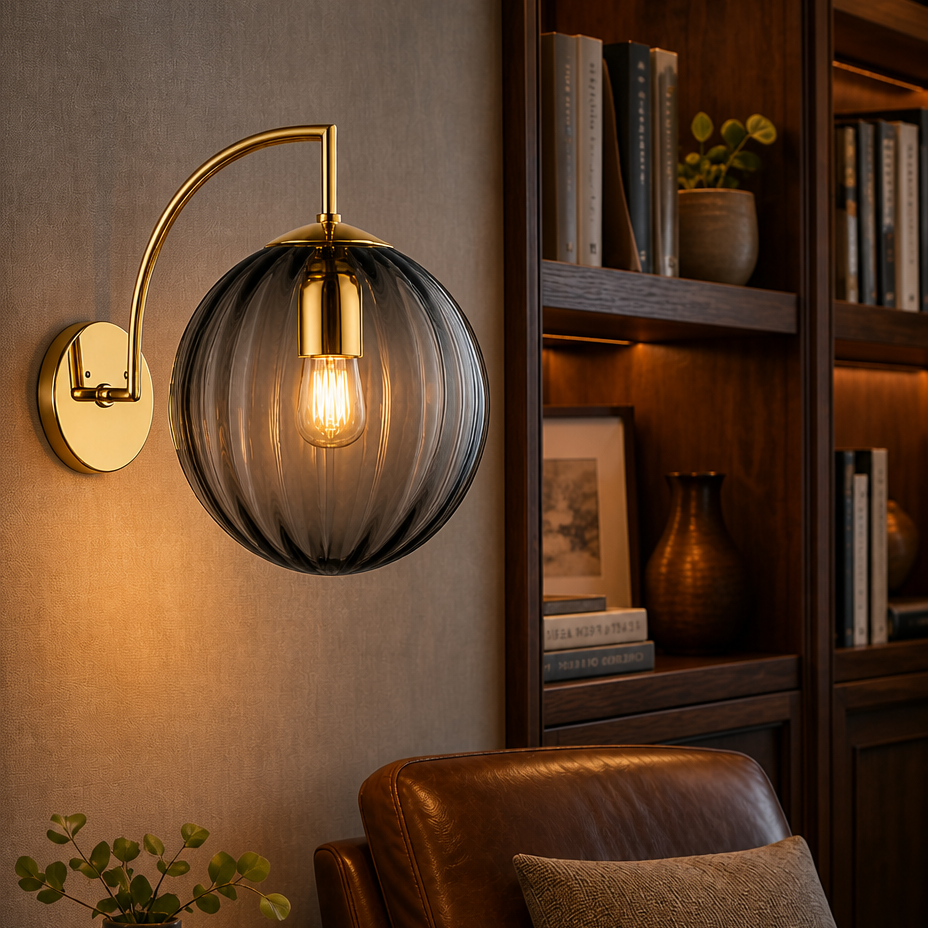 The Mirage Smoked Glass Globe Gold Wall Sconce