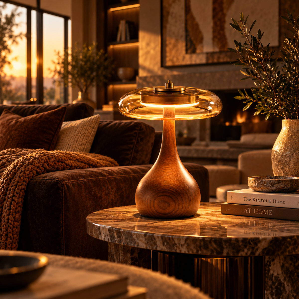 The Tamsin Walnut Amber Glass Mushroom Table Lamp