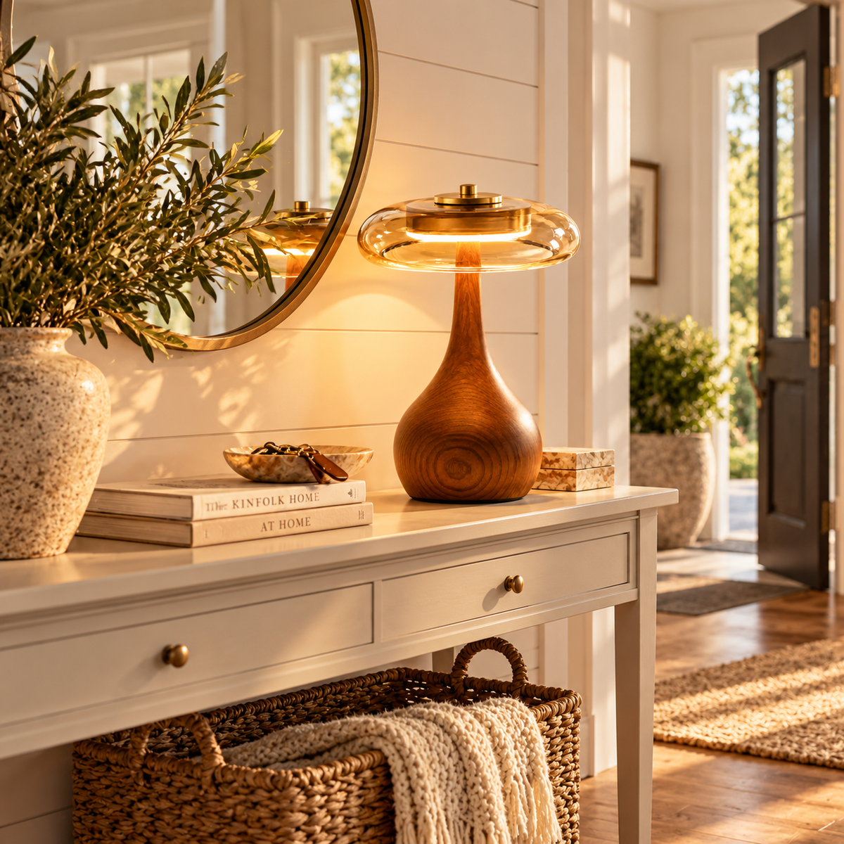The Tamsin Walnut Amber Glass Mushroom Table Lamp