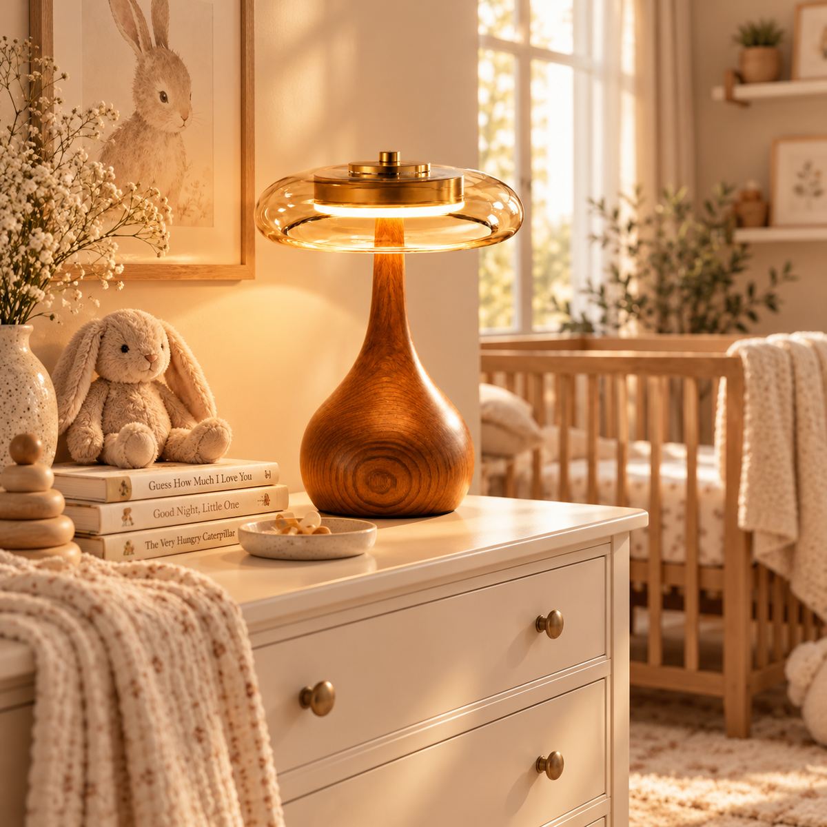 The Tamsin Walnut Amber Glass Mushroom Table Lamp