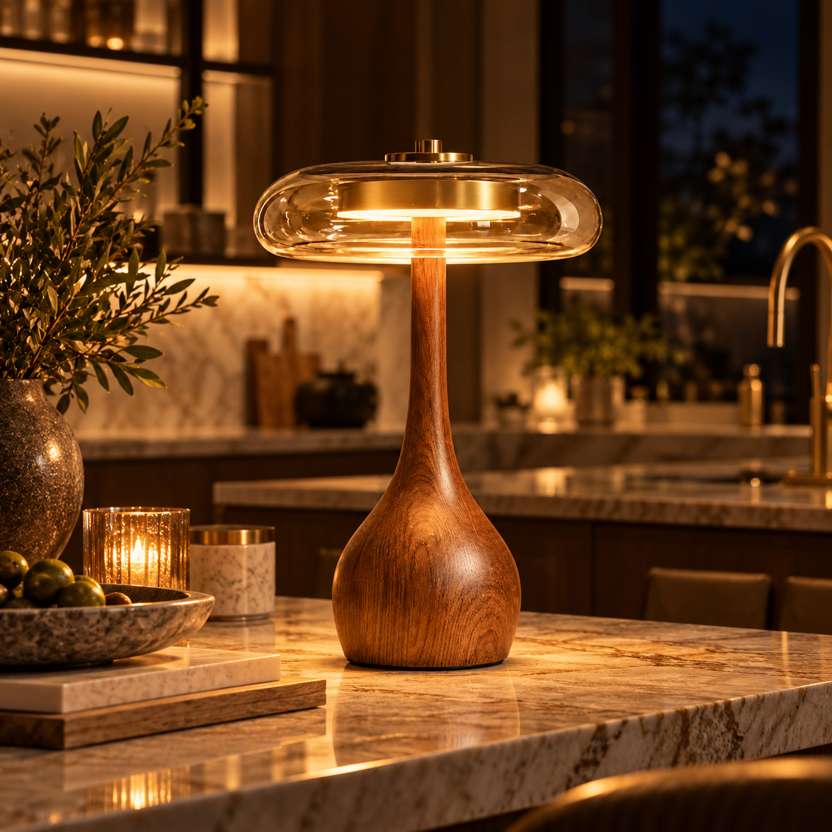 The Tamsin Walnut Amber Glass Mushroom Table Lamp
