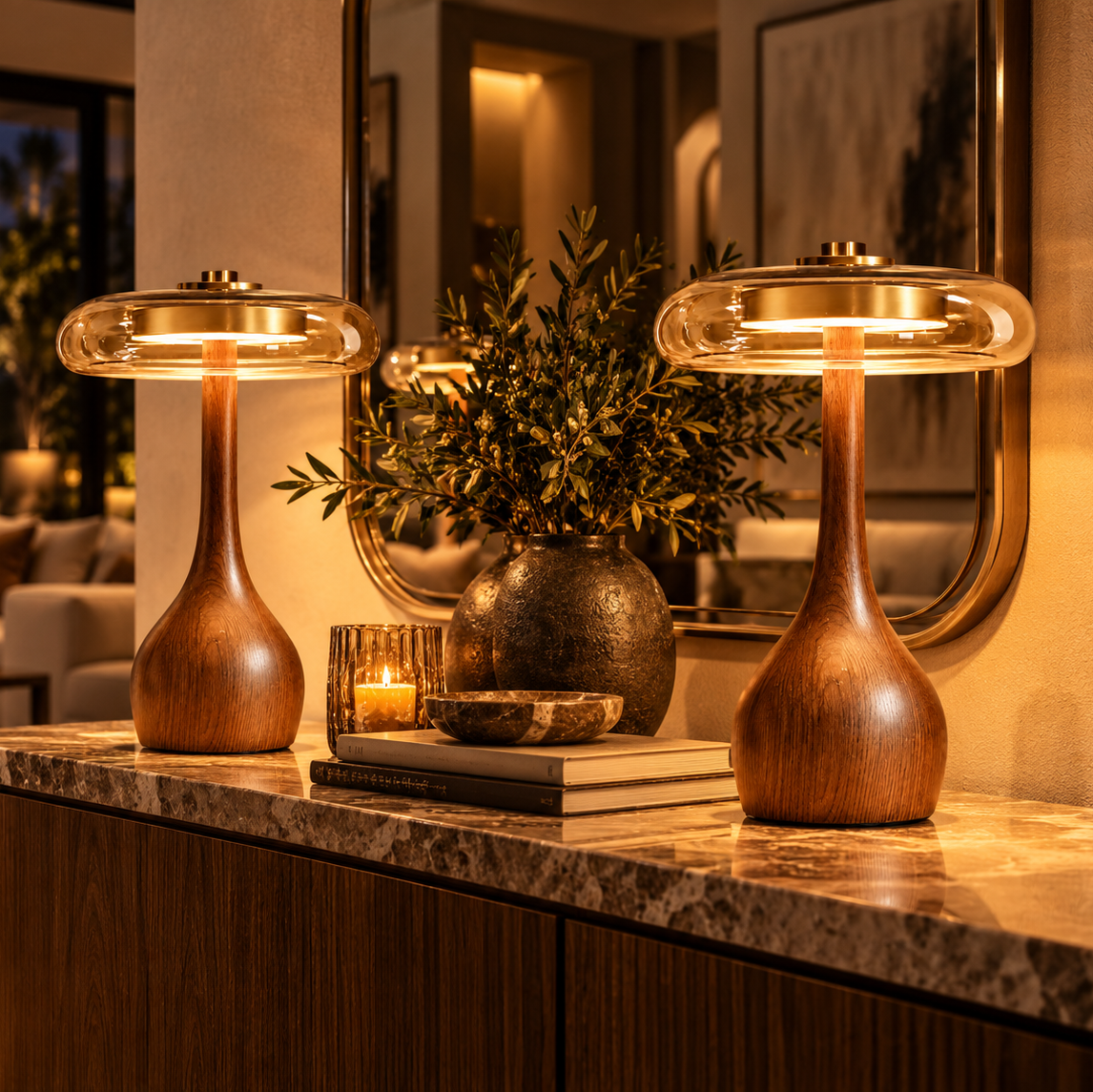The Tamsin Walnut Amber Glass Mushroom Table Lamp