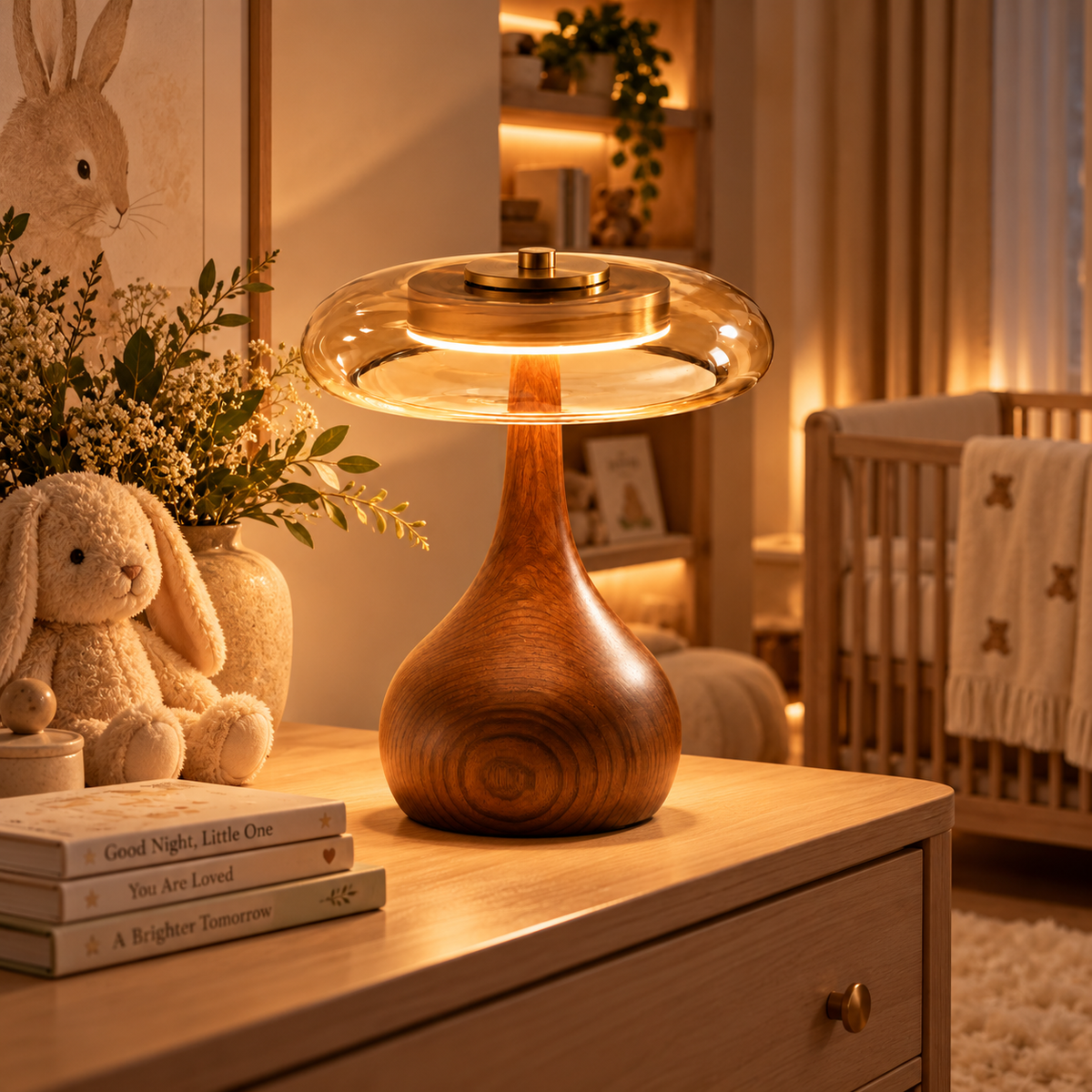 The Tamsin Walnut Amber Glass Mushroom Table Lamp